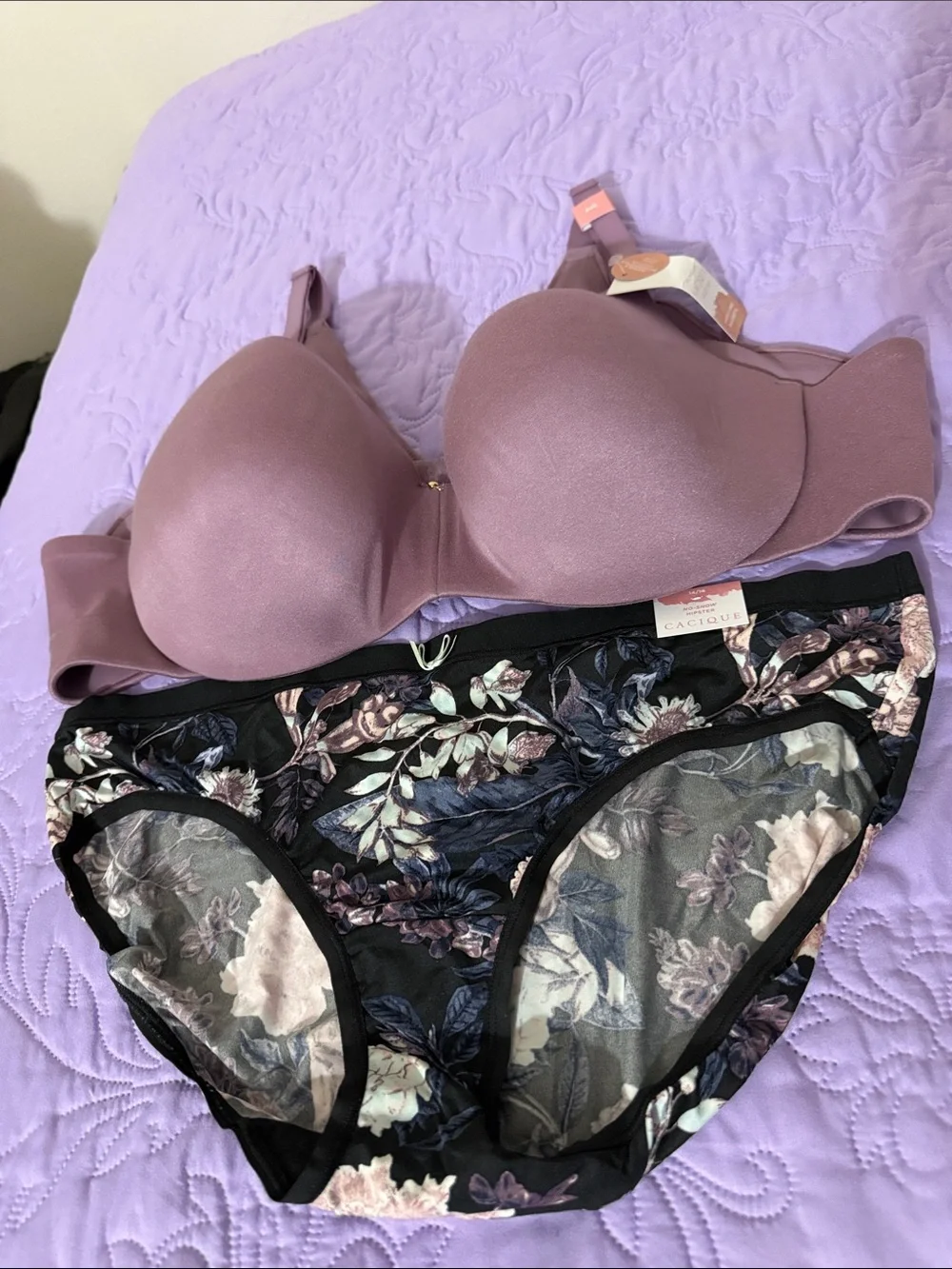 Cacique Mauve/Purple Padded Back SmotherBra with Black Floral Sheer Bikini Brief